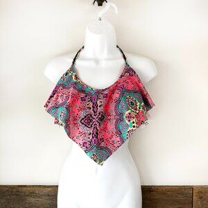 NWT OP‎ Bikini Handkerchief Style Top Floral Paisley XL Bult In Bra